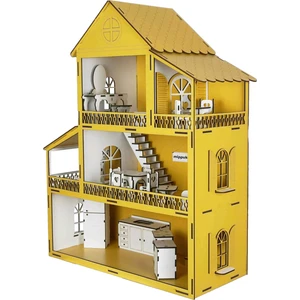 Ahşap Oyun Evi Üç Katlı Ahşap Mobilyalı Sarı