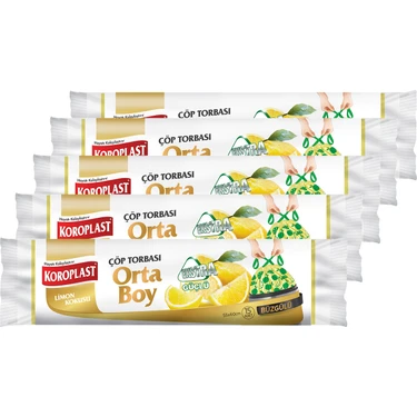 Koroplast Ekstra Güçlü Orta Boy Limon Kokulu Büzgülü Çöp Torbası 55X60CM - 15'li x 5 Adet