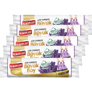 Koroplast Ekstra Güçlü Büyük Boy Lavanta Kokulu Büzgülü Çöp Torbası 65X70CM - 10'lu x 5 Adet