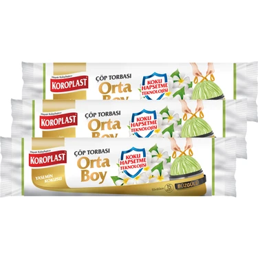 Koroplast Koku Hapsetmeli Orta Boy Yasemin Kokulu Büzgülü Çöp Torbası 55X60CM - 15'li x 3 Adet