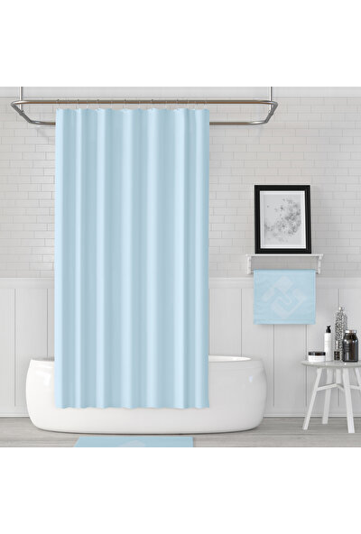 Jackline Polyester Kumaş Banyo Perdesi Duş Perdesi + Askı Aparatı Plastik C-Halka Mavi