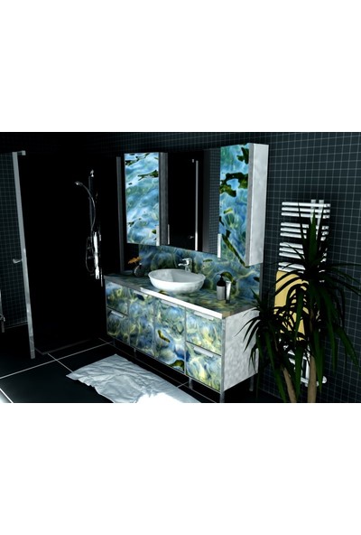 Artila Işıklı Kapaklı Kıyı Seramik Çanak Lavabolu Işıklı Tezgah ve Ara Panolu Banyo Dolabı 160 x 200 cm