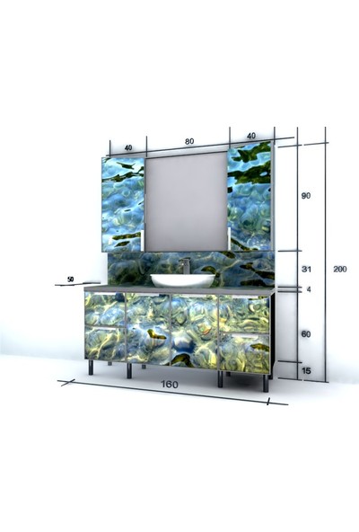 Artila Işıklı Kapaklı Kıyı Seramik Çanak Lavabolu Işıklı Tezgah ve Ara Panolu Banyo Dolabı 160 x 200 cm