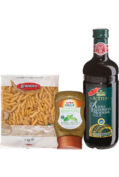 Koza Gıda Italyan Paketi Balsamik Sirkesi - Pesto Squeezy - Fesleğenli Makarna Sosu - Penne Rıgate