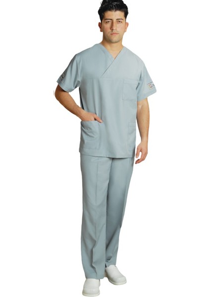 Doktor Erkek Gri Forma Cerrahi Yaka Takım Uniforma Xl