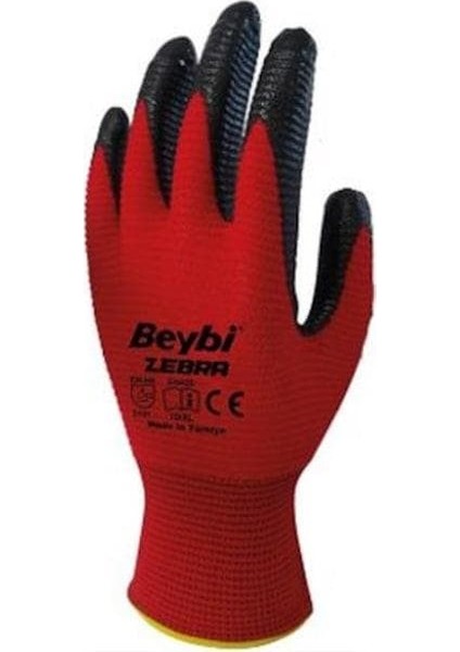 Zebra Nitril Kaplama Örme Eldiven Kırmızı Işçi Eldiveni 15'li