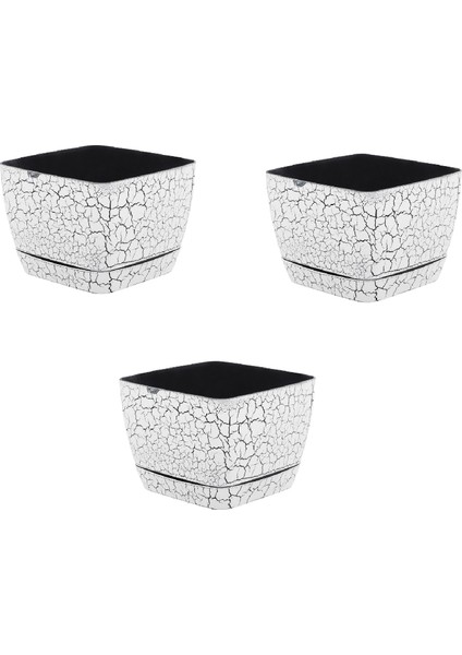 Kare Mermer Görünümlü Saksı Beyaz Tabaklı 18 cm 3'lü