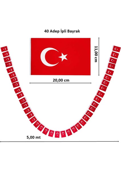 Türk Bayrağı 5,00 mt İpe Sıralı, 11 cm x 20 cm. - 40'lı