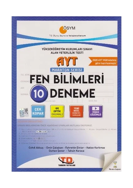 Tandem Yayınları AYT Fen Bilimleri Maraton Serisi 10 Deneme 2020