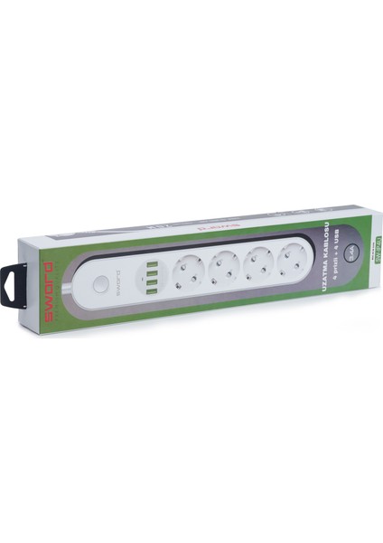 4 Prizli + 4 USB Girişli Uzatma Kablosu 2 M