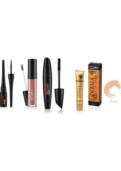 Porcelain Make Up Dipliner+Derma Yoğun Kapatıcı Fondöten Bronze+Porcelain Make Up Lipstick D-204 6 Ml+Maskara 8 gr