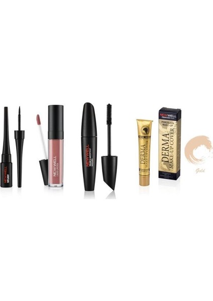 Porcelain Make Up Dipliner+Derma Yoğun Kapatıcı Fondöten 01 Gold+Porcelain Make Up Lipstick D-204 6 Ml+Maskara 8 gr