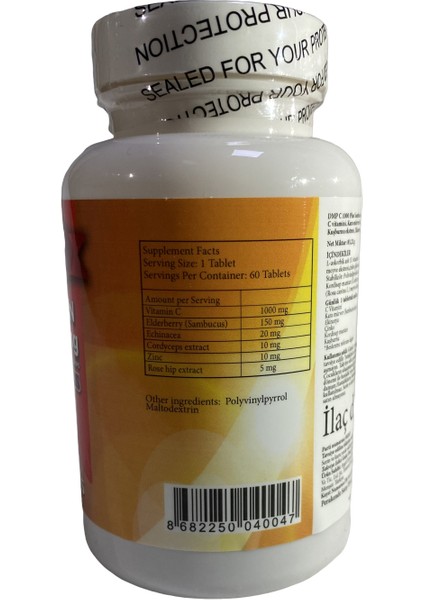 Vitamin C 1000 mg - Çinko Kara Mürver Cordyceps Ekinezya 60 Tablet C Vitamini 6 Kutu