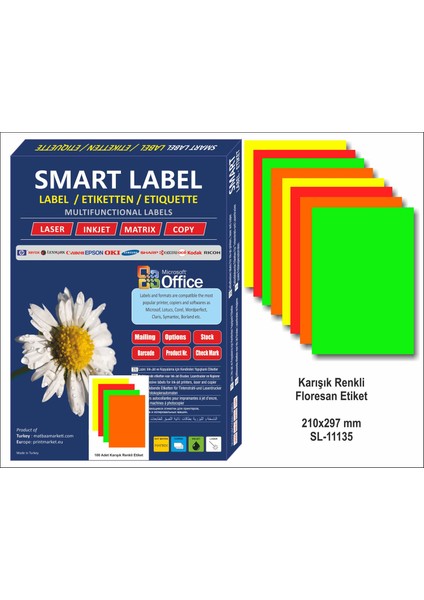 Smart Label Floresan Renkli Karışık A4 Etiket 100'lü