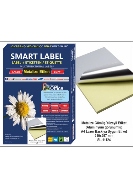 Smart Label Metalik Etiket A4 Lazer Baskıya Uygun 50'li Gümüş