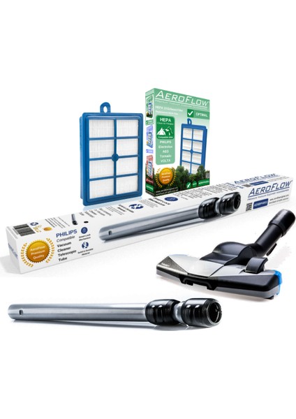 Philips FC 9919 Uyumlu Çelik Teleskopik Süpürge Borusu + Hepa 13 Filtre ve TriActive Emici Başlık Seti (AeroFlow Türkiye Garantili)