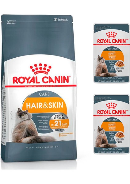 Hair&skin Care Tüy Güzelliği Kedi Maması 4 kg + Royal Canin Hair Skin Intense Beauty Yaş Mama 2 Adet