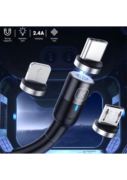 Kuulaa Magnetic-Mıknatıslı Lightning + Type-C + Micro USB USB Şarj Kablosu 3 Başlık AL-32051