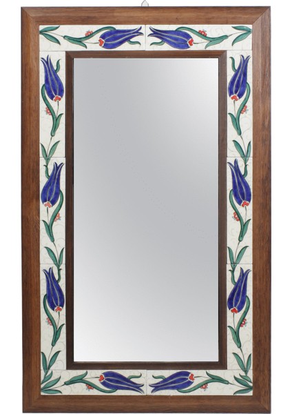Otantik Çini Mavi Lale Dekor Ahşap Çerçeve Dekoratif Ayna 50 x 70 cm