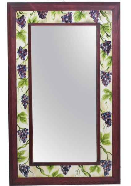 Otantik Çini Üzüm Dekor Ahşap Çerçeve Dekoratif Ayna 50 x 70 cm