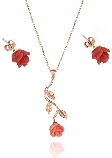 Sevgiliye Hediye 925 Ayar Gümüş Gül Kolye Küpe Seti Rose Kaplama