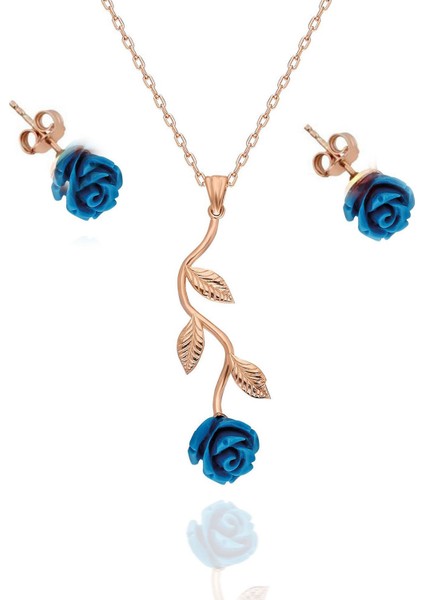 Sevgiliye Hediye 925 Ayar Gümüş Gül Kolye Küpe Seti Rose Kaplama