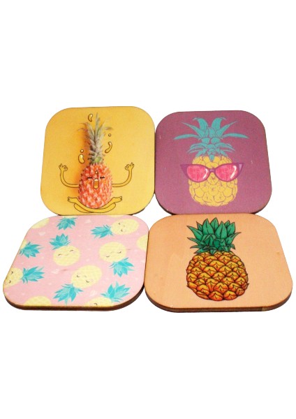 Iris Sevimli Ananas Desenli 4'lü ve Ahşap Kutulu Bardak Altlığı