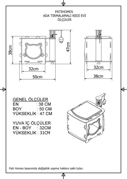 Patihomes Ada Tırmalamalı Kedi Evi Gri