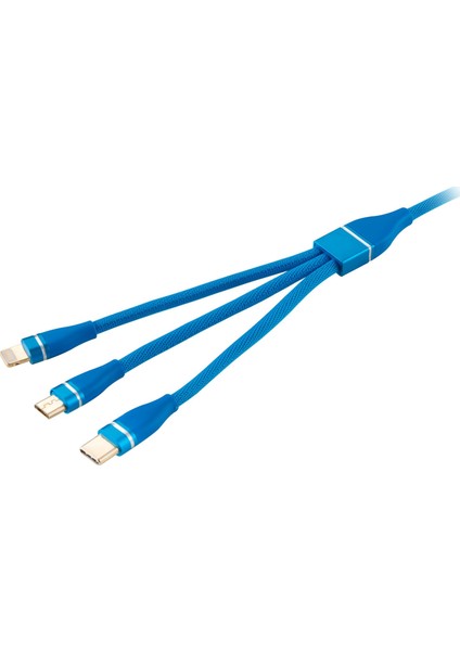 Jettpower 0060 Metal Başlıklı Örgülü 3 in 1 Hızlı Şarj Kablosu 1.2 m Mavi