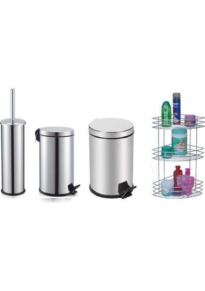 Paslanmaz Çöp Kovası 3 - 5 Lt + Klozet Fırçası + Üçlü Köşe Şampuanlık