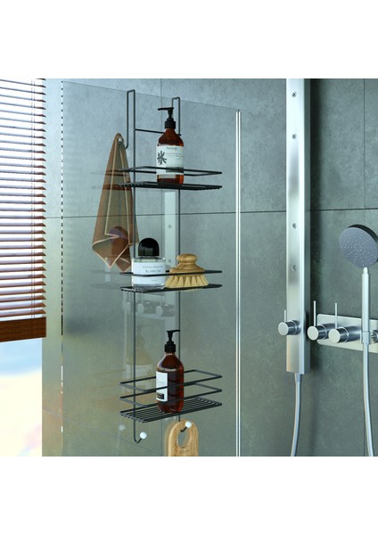 LM066 3 KATLI BANYO DUŞAKABİN RAFI MAT SİYAH LM066