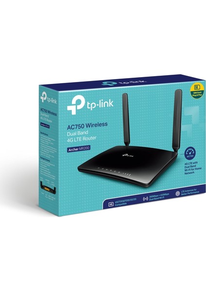 TP-Link Archer MR200, AC750 Mbps, 4G/3G SIM Yuvası, 64 Cihaza Kadar Bağlantı, Yapılandırma Gerektirmez, Konuk Ağı ve Ebeveyn Kontrolü Desteği, Wi-Fi 5 Dual Band 3G/4G LTE Router