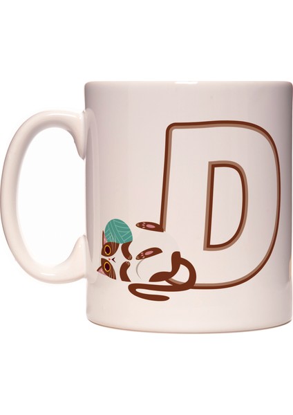 D Harfi Yaramaz Kedi Baş Harf Tasarımlı Kahve Kupa Bardak