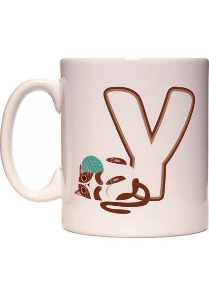 Y Harfi Yaramaz Kedi Baş Harf Tasarımlı Kahve Kupa Bardak