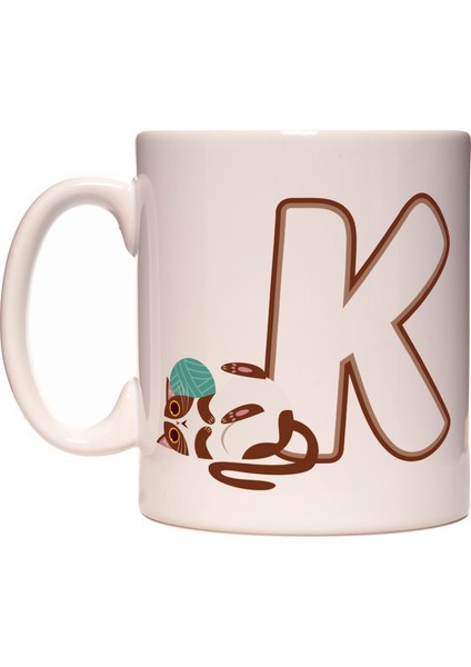 K Harfi Yaramaz Kedi Baş Harf Tasarımlı Kahve Kupa Bardak