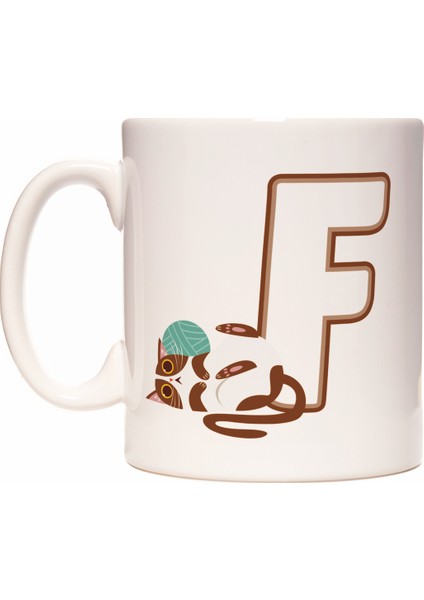 F Harfi Yaramaz Kedi Baş Harf Tasarımlı Kahve Kupa Bardak