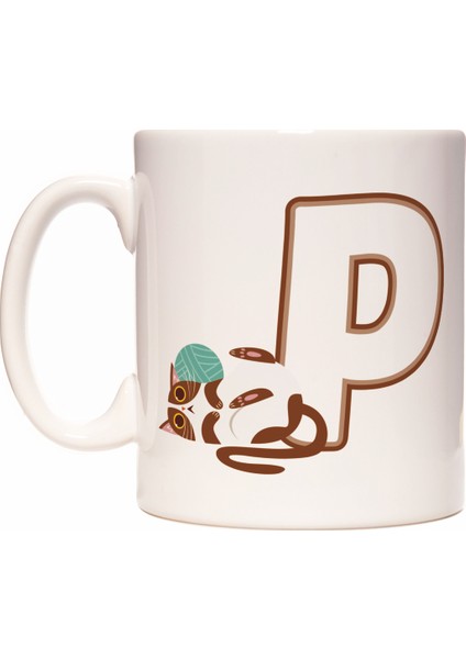 P Harfi Yaramaz Kedi Baş Harf Tasarımlı Kahve Kupa Bardak