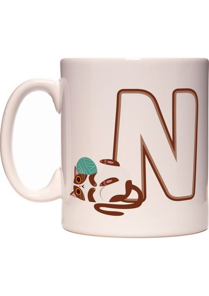 N Harfi Yaramaz Kedi Baş Harf Tasarımlı Kahve Kupa Bardak