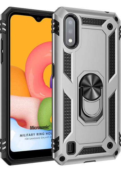 Samsung Galaxy A01 Kılıf Military Ring Holder Gümüş