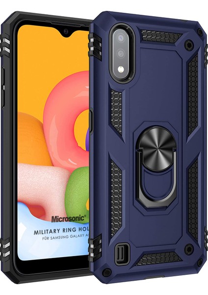 Samsung Galaxy A01 Kılıf Military Ring Holder Lacivert