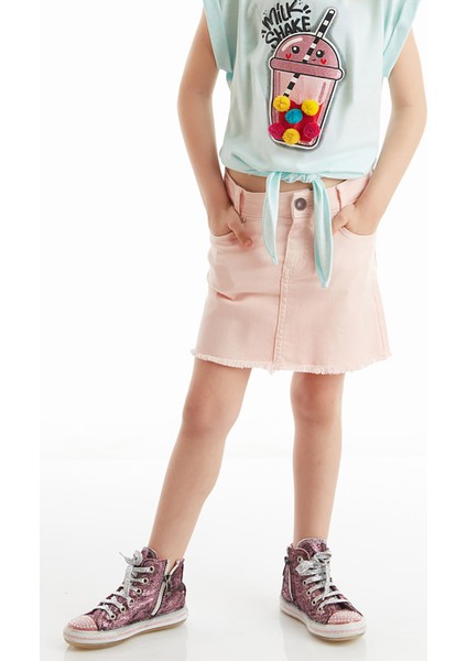 Pembe Denim Mini Kız Çocuk Etek