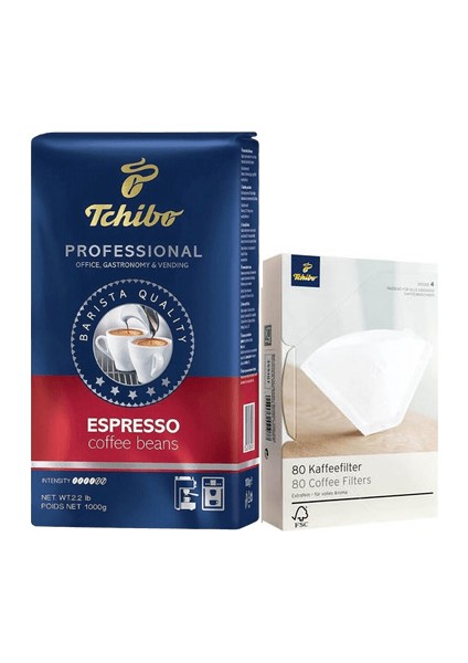 Profesional Espresso Çekirdek Kahve 1 kg + Tchibo Filtre Kahve Kağıdı 1/4 80'li