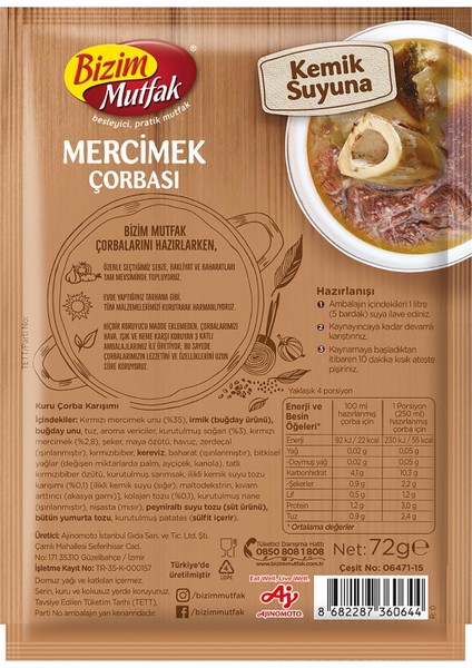 Kemik Suyuna Mercimek Çorbası 72 gr 12'li Paket
