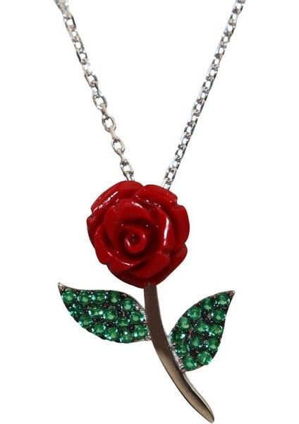 925 Ayar Gümüş Zirkon Taşlı Özel Tasarım Kırmızı Gül Kolye