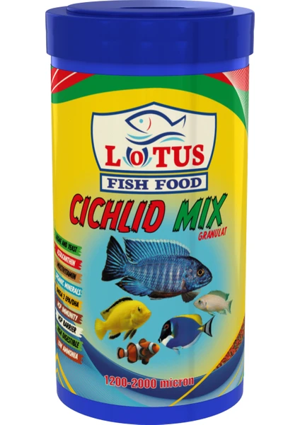 Cichlid Mix Granül Astaxanthin ve Algea Omega-3 Protein Bitkisel Karışık 1000 ml Malawi Ciklet Yunus Sarı Prenses Ahli Balık Yemi