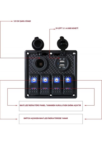 Switch Panel 4'lü USB +Cakmaklik
