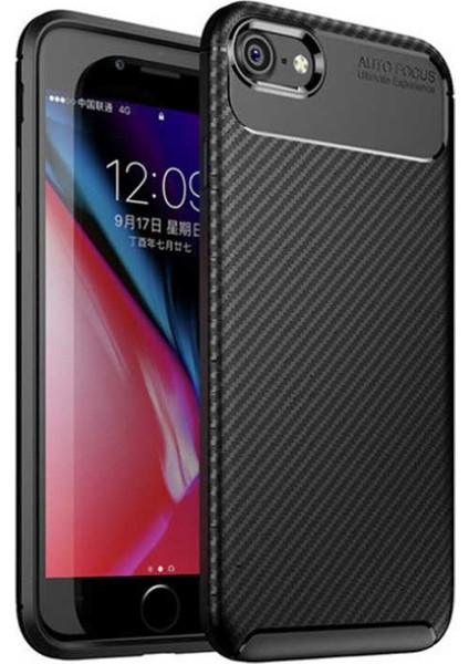 Apple iPhone Se 2020 Kılıf Karbon Desenli Lux Negro Silikon + Tam Kaplayan 5D Cam Ekran Koruyucu Siyah