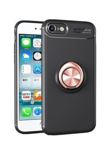 Apple iPhone Se 2020 Kılıf Ultra Korumalı Yüzüklü Manyetik Ravel Silikon + Cam Ekran Koruyucu Siyah Rose