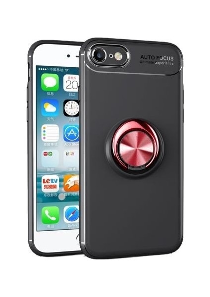 Apple iPhone Se 2020 Kılıf Ultra Korumalı Yüzüklü Manyetik Ravel Silikon + Tam Kaplayan 6D Nano Ekran Koruyucu Siyah Kırmızı