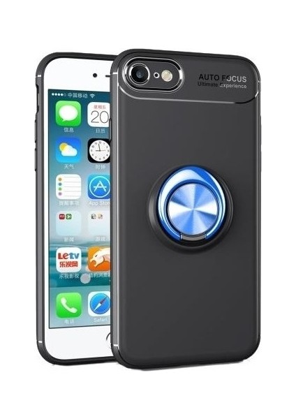 Apple iPhone Se 2020 Kılıf Ultra Korumalı Yüzüklü Manyetik Ravel Silikon + Tam Kaplayan 6D Nano Ekran Koruyucu Siyah Mavi